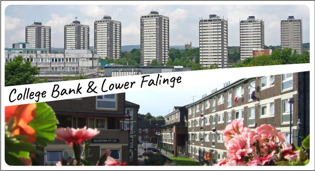 Postcard style photo of College Bank and Lower Falinge.