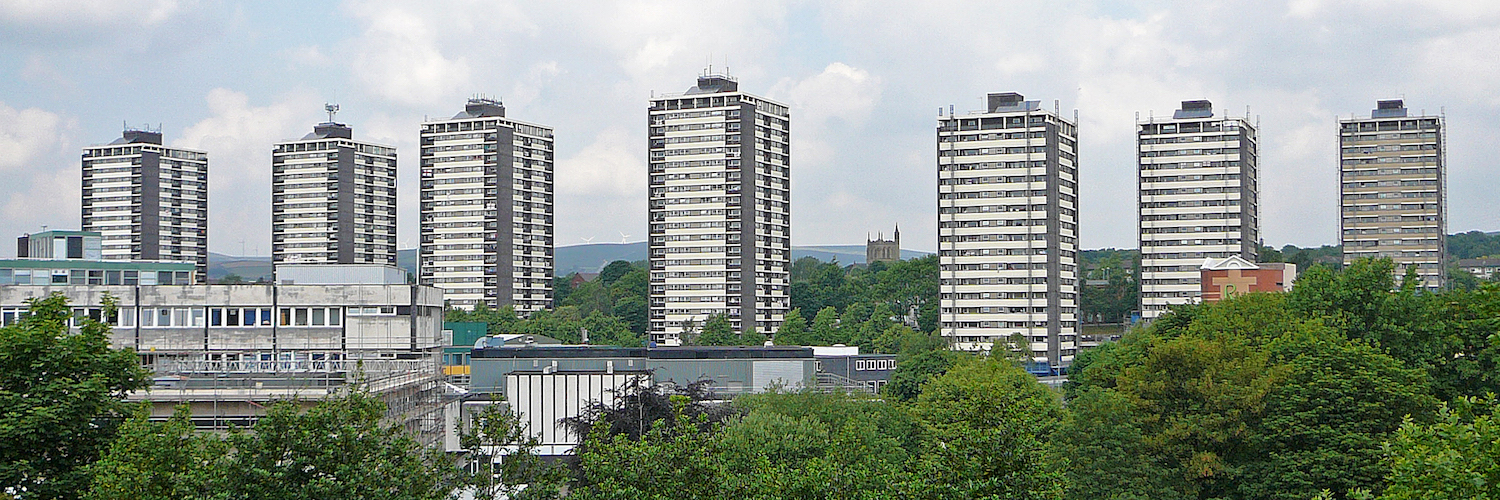 Photo of the seven high-rise towers of College Bank estate, Rochdale. Also known as the Seven Sisters.